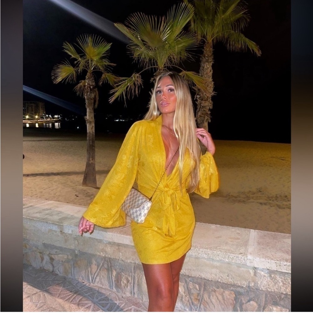 Gold Yellow knotted jacquard short dress ZARA size S